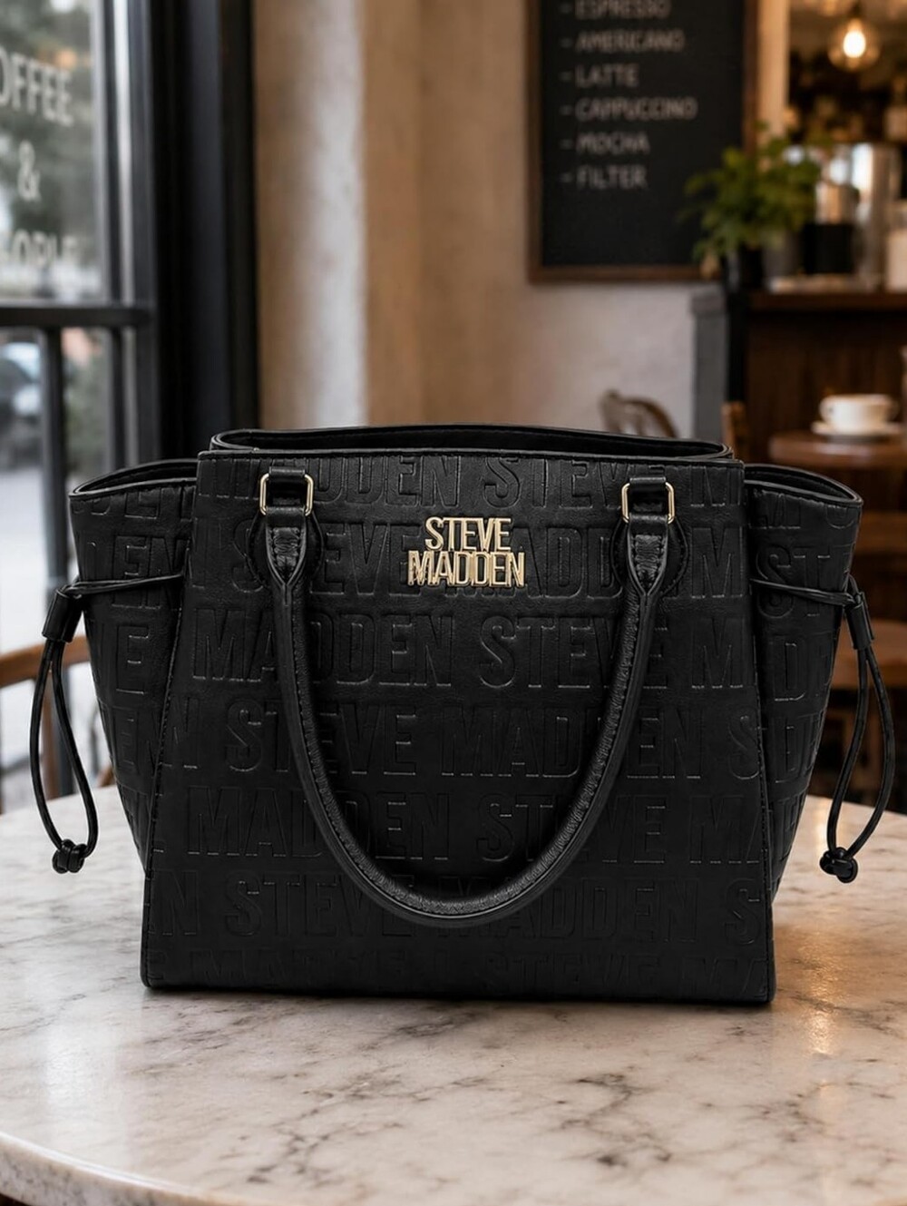 Steve Madden Black Embossed Logo Tote Handbag